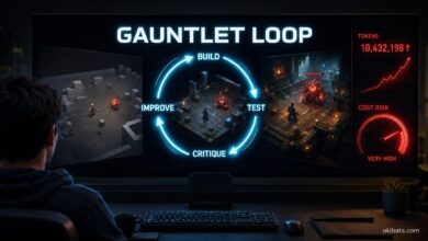 Écran montrant un Gauntlet Loop : une IA construit, teste, critique et améliore un jeu pendant que le nombre de tokens augmente