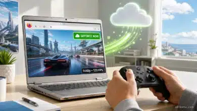 Un ancien PC portable Windows lance un jeu RTX dans Firefox via GeForce NOW en 1440p à 120 images par seconde avec une manette