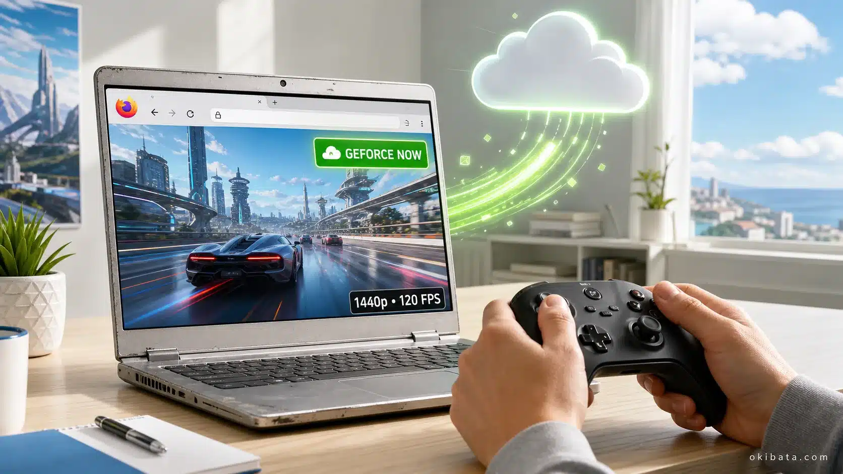 Un ancien PC portable Windows lance un jeu RTX dans Firefox via GeForce NOW en 1440p à 120 images par seconde avec une manette