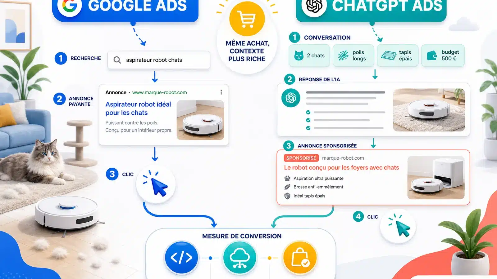 Comparaison entre une recherche Google Ads par mot-clé et une conversation ChatGPT Ads riche en contraintes, suivies par le Pixel et la Conversions API