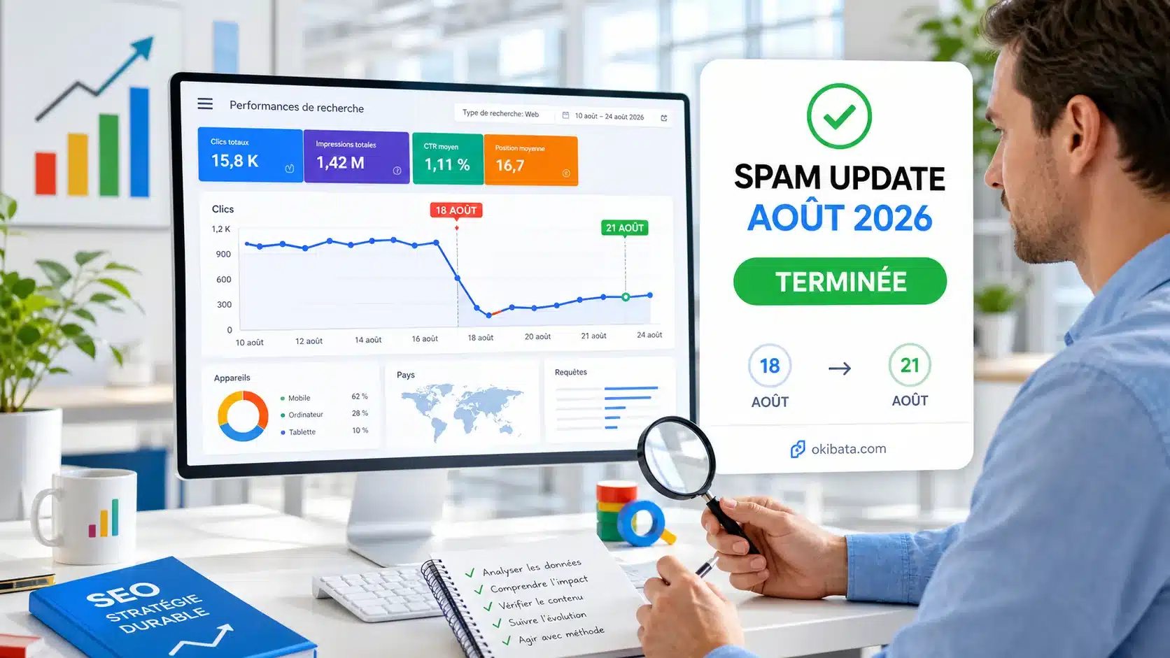 Un analyste SEO examine une baisse Search Console entre le 18 et le 21 août après la fin de la Google Spam Update d’août 2026