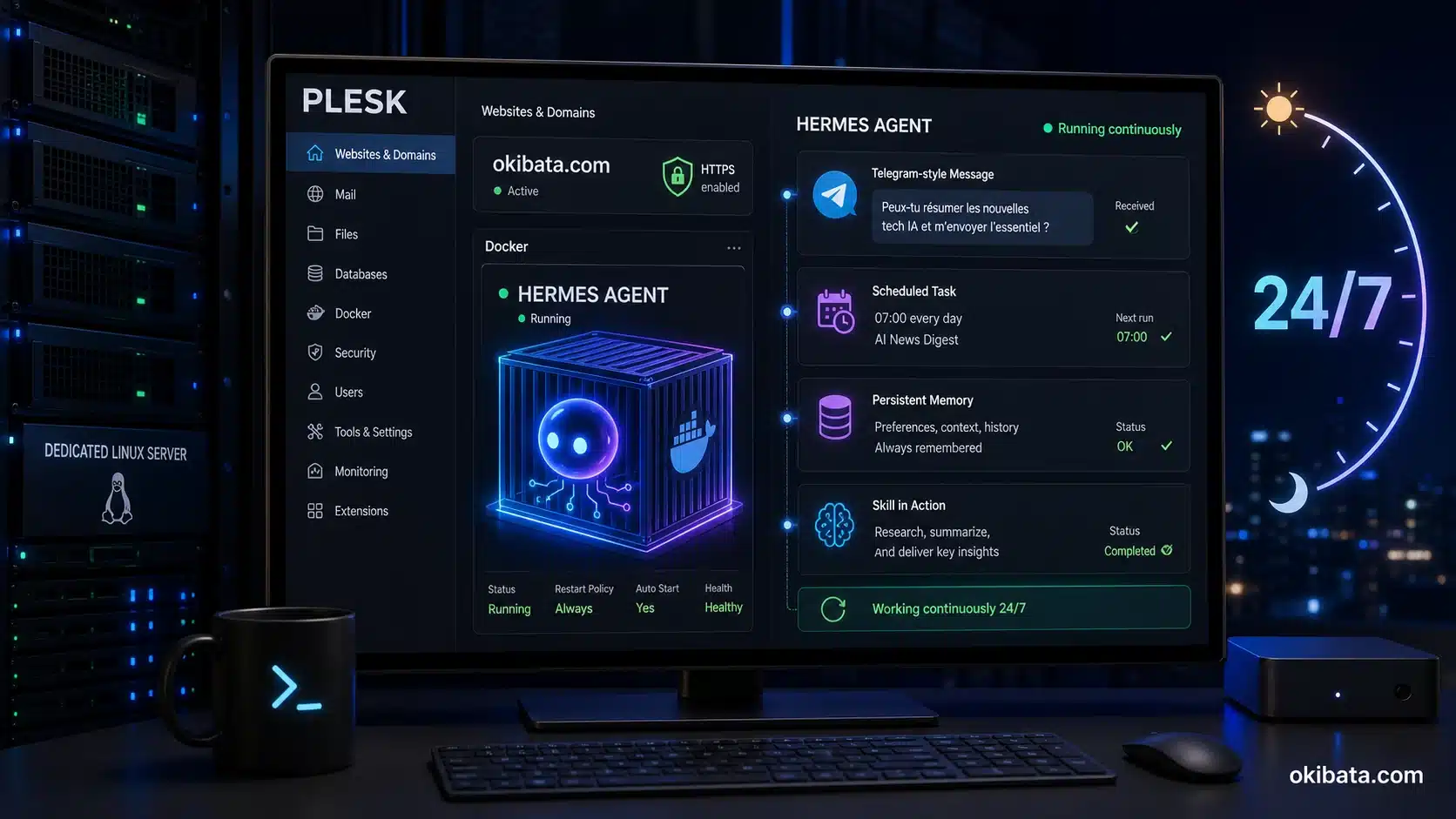 Hermes Agent exécute des tâches, utilise sa mémoire et répond aux messages dans un conteneur Docker administré avec Plesk