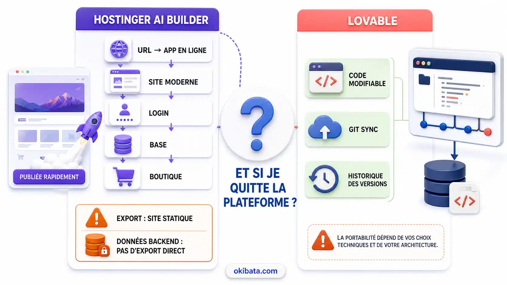 Comparaison entre Hostinger AI Builder et Lovable : création rapide avec backend intégré contre code modifiable, Git Sync et questions de portabilité