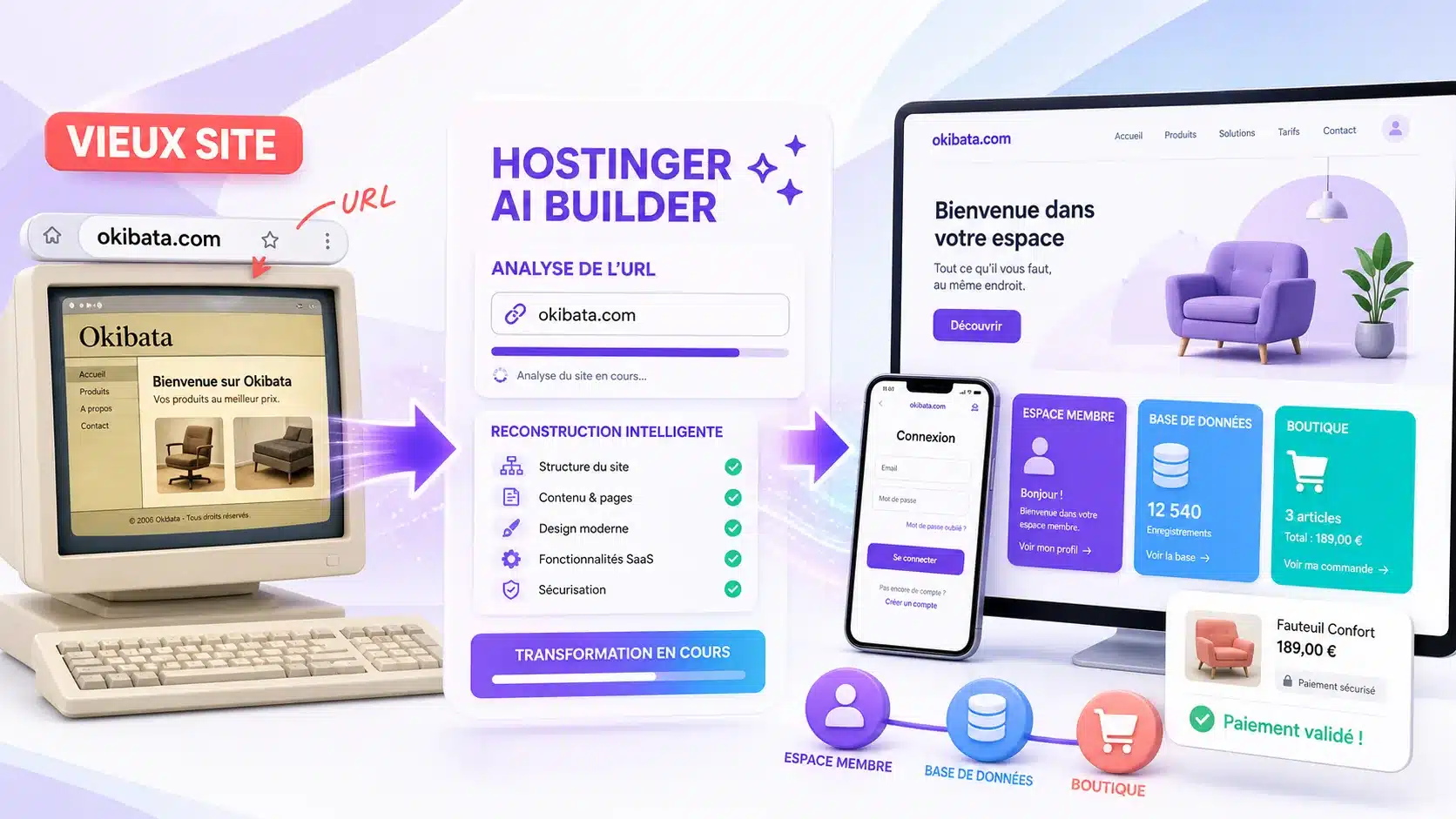Hostinger AI Builder analyse l’URL d’un vieux site puis le reconstruit avec espace membre, base de données et boutique