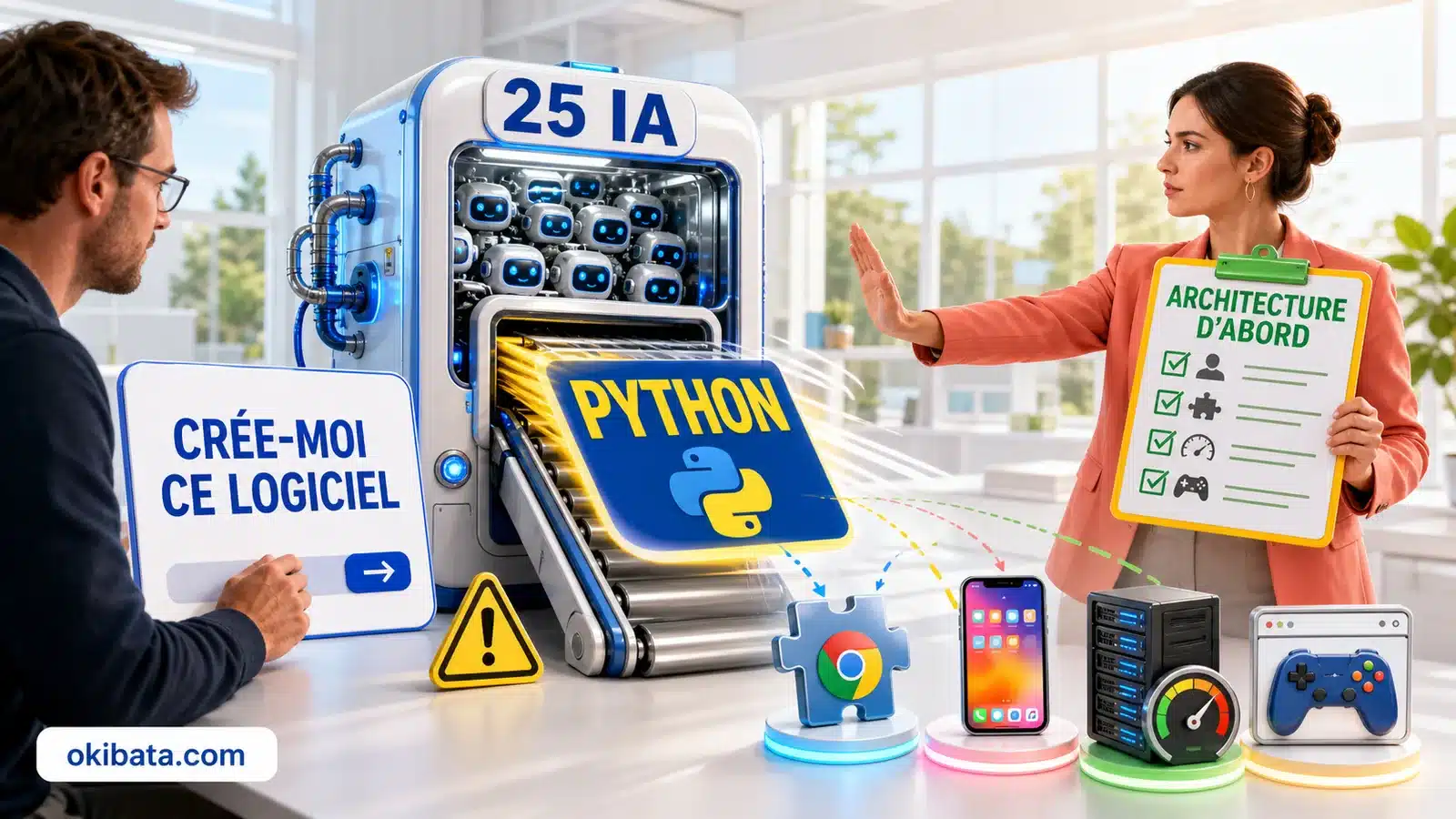 Vingt-cinq intelligences artificielles produisent trop vite une carte Python pour différents logiciels tandis qu’une architecte impose d’analyser la stack d’abord
