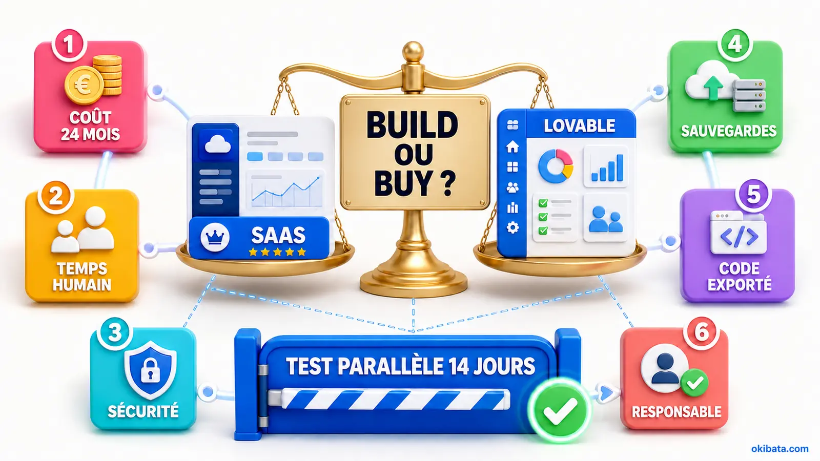 Checklist build vs buy Lovable sur 24 mois : coût, temps humain, sécurité, sauvegardes, export du code et responsable