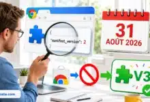 Une personne inspecte la ligne manifest_version 2 d’une extension Chrome avant le retrait du Web Store le 31 août 2026 et son remplacement par V3