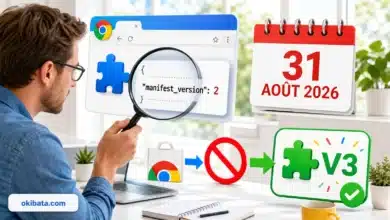 Une personne inspecte la ligne manifest_version 2 d’une extension Chrome avant le retrait du Web Store le 31 août 2026 et son remplacement par V3