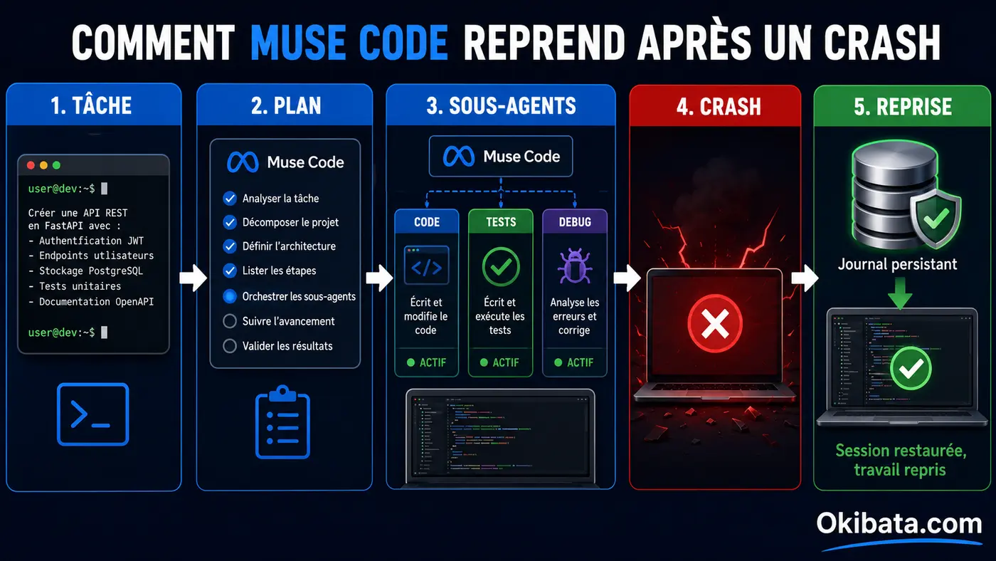 Infographie expliquant comment Meta Muse Code reprend une tâche de code après un crash grâce à son journal persistant