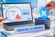 Illustration d’une loupe examinant la version de Next.js et d’un correctif de sécurité appliqué à un serveur