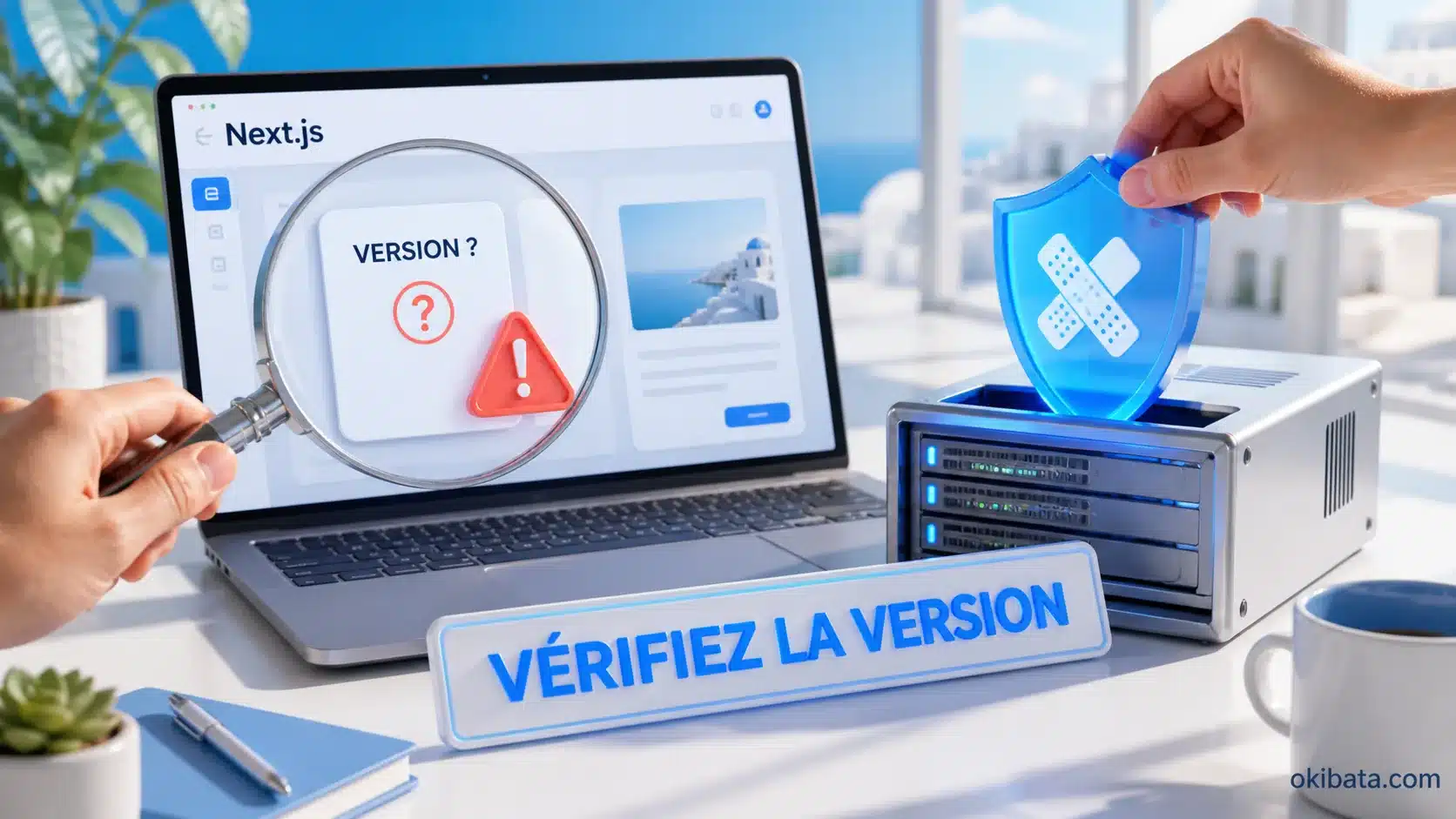 Illustration d’une loupe examinant la version de Next.js et d’un correctif de sécurité appliqué à un serveur
