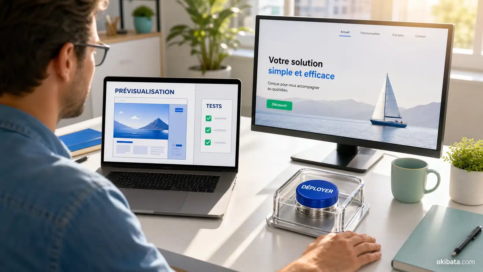 Illustration d’une vérification des tests et de la prévisualisation avant d’autoriser le déploiement d’un site