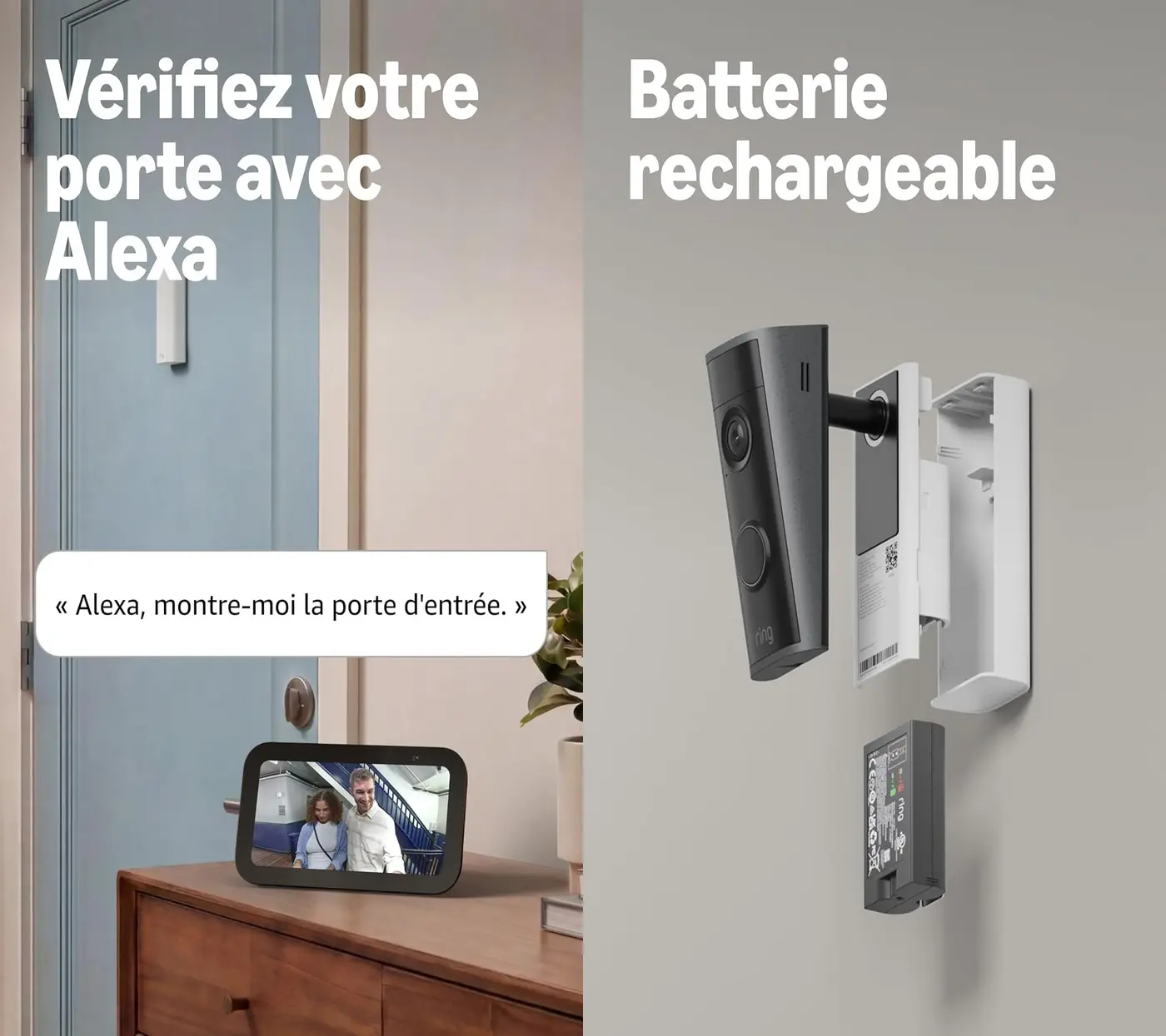 Ring Peephole Camera 2K avec visualisation sur un écran Alexa et batterie rechargeable amovible