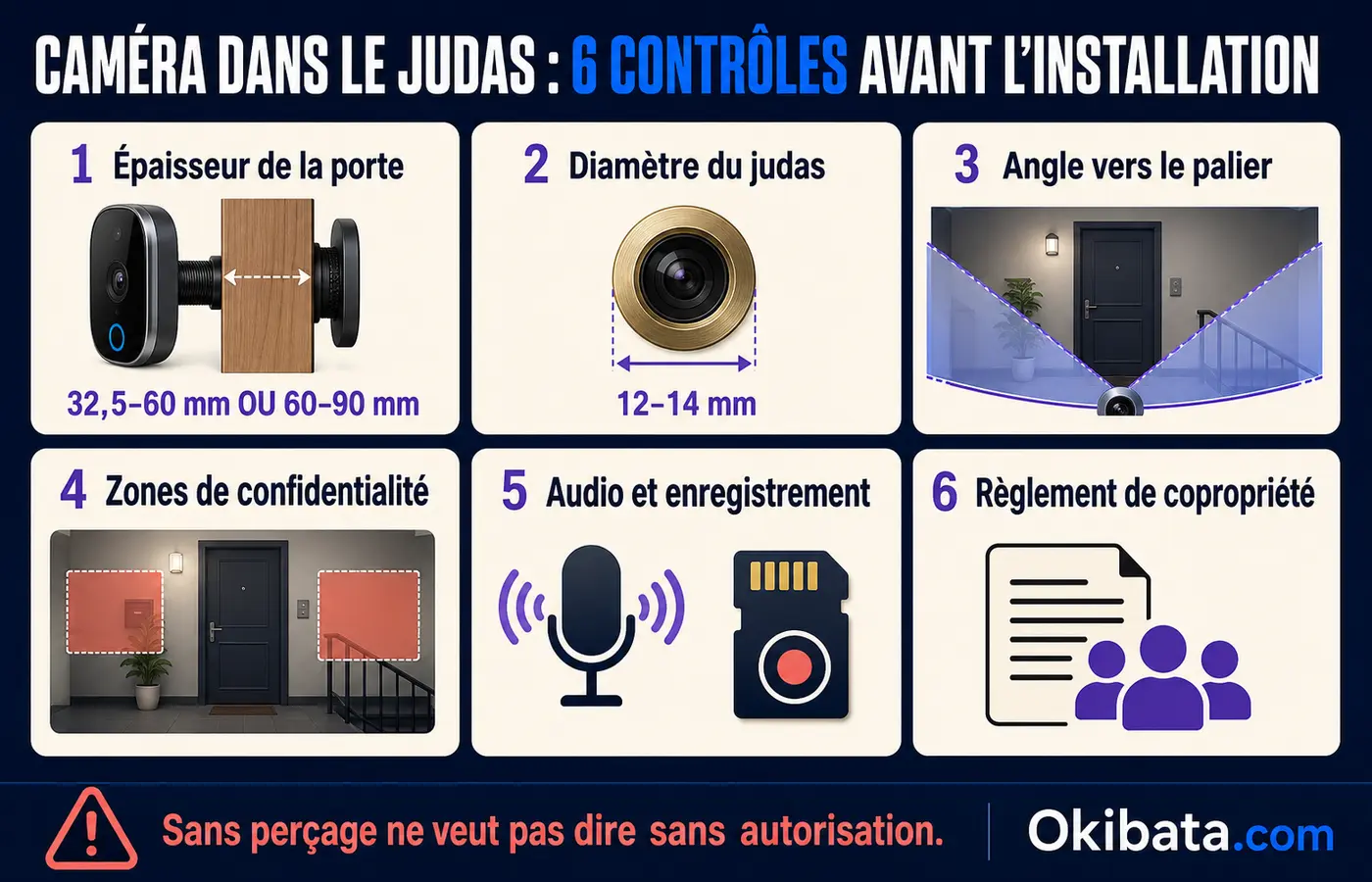 Infographie Okibata des six contrôles avant d’installer une caméra dans le judas d’une porte en copropriété