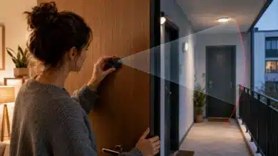 Une caméra installée dans le judas d’une porte filme le palier et la porte d’un voisin
