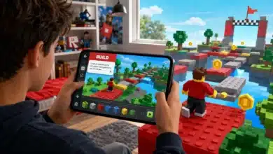Un jeune crée un parcours Roblox depuis l’outil Build affiché sur son téléphone