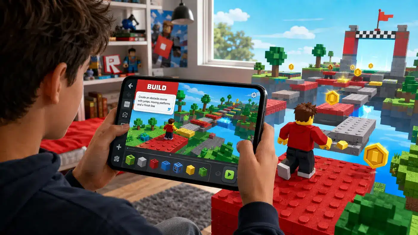 Un jeune crée un parcours Roblox depuis l’outil Build affiché sur son téléphone