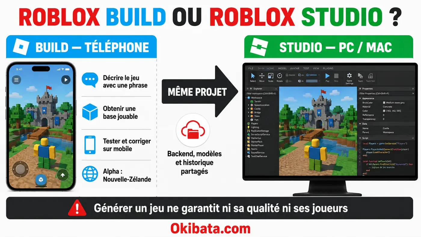 Infographie comparant Roblox Build sur téléphone et Roblox Studio sur ordinateur
