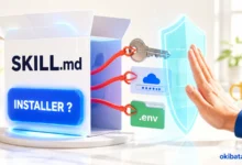 Un paquet SKILL.md tente d’attraper une clé SSH, un identifiant cloud et un fichier .env tandis qu’une main et un bouclier stoppent l’action