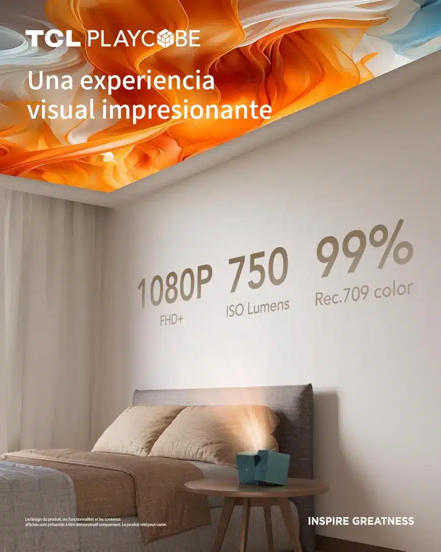 TCL PlayCube projetant une image au plafond depuis une table de nuit
