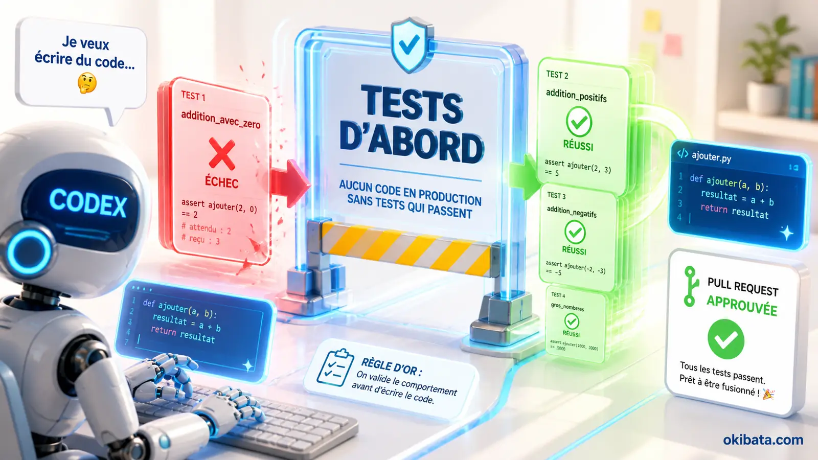 Un agent Codex doit faire échouer puis réussir des tests avant de pouvoir produire le code et une pull request