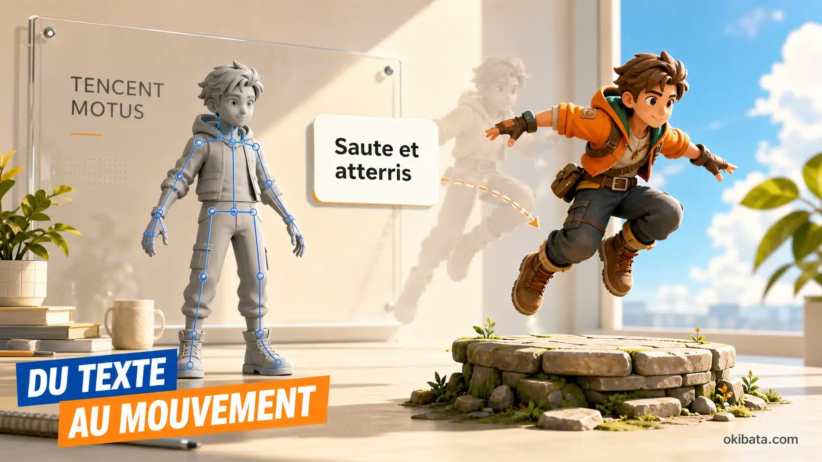 Illustration d’un personnage 3D passant d’un modèle avec squelette à un saut décrit par une consigne textuelle