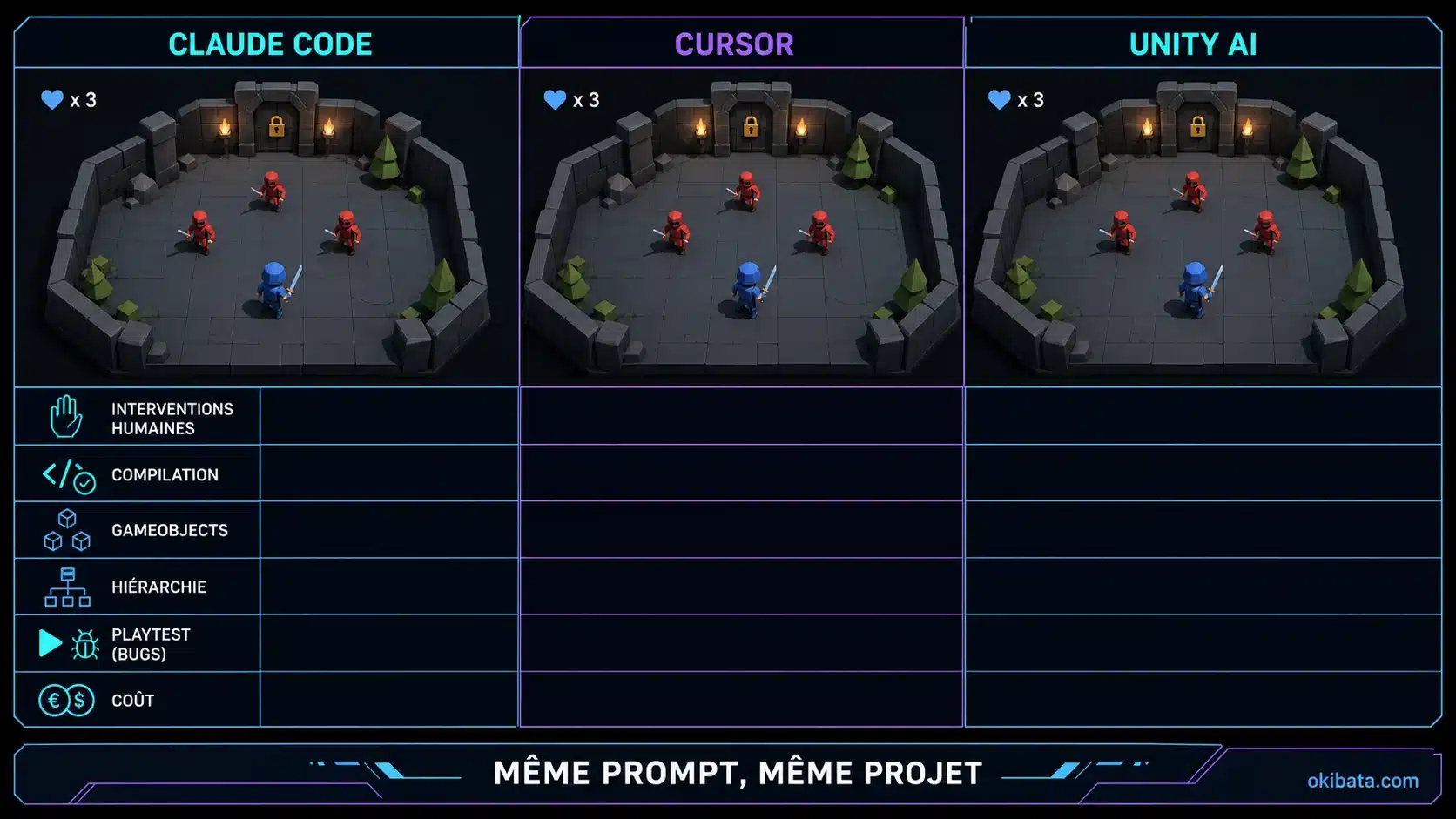 Grille de benchmark du même mini-jeu dans Claude Code, Cursor et Unity AI