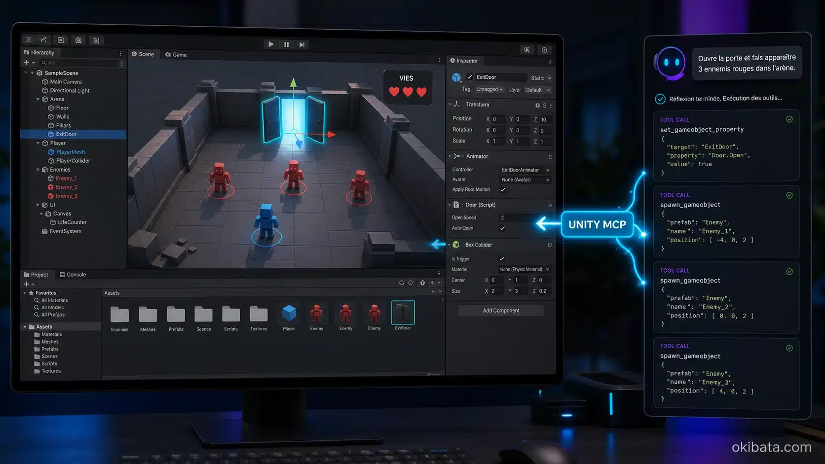 Un agent IA utilise Unity MCP pour créer trois ennemis et ouvrir une porte dans une scène de jeu Unity