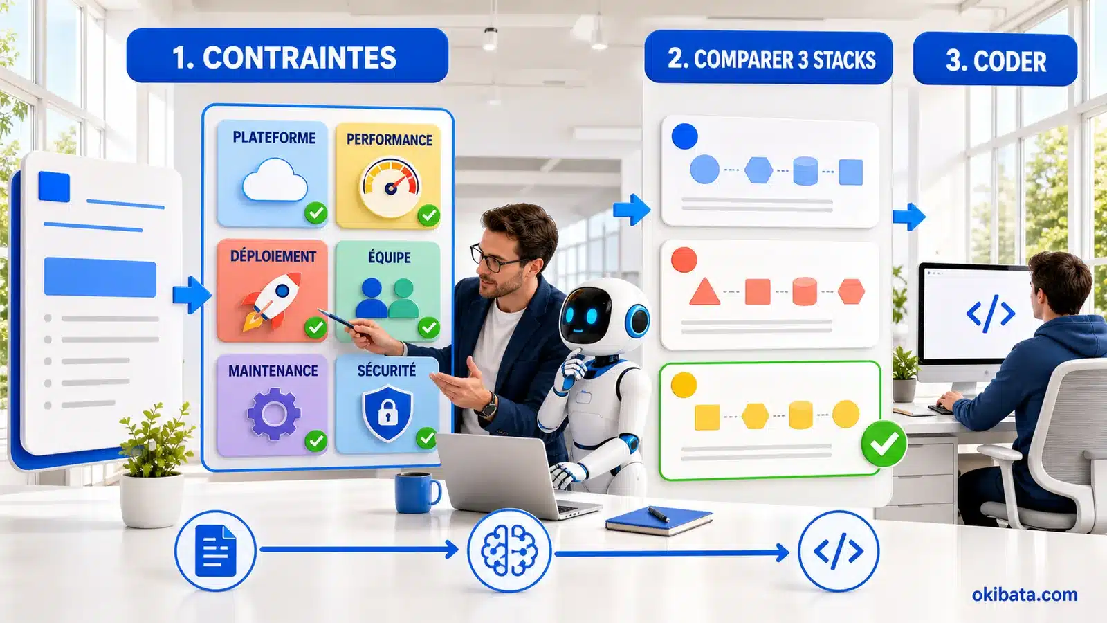 Méthode pour analyser les contraintes, comparer trois stacks puis seulement laisser une IA coder l’application