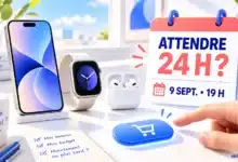 Un smartphone, une montre et des écouteurs attendent devant un calendrier indiquant 9 septembre 19 h avant que la main presse acheter