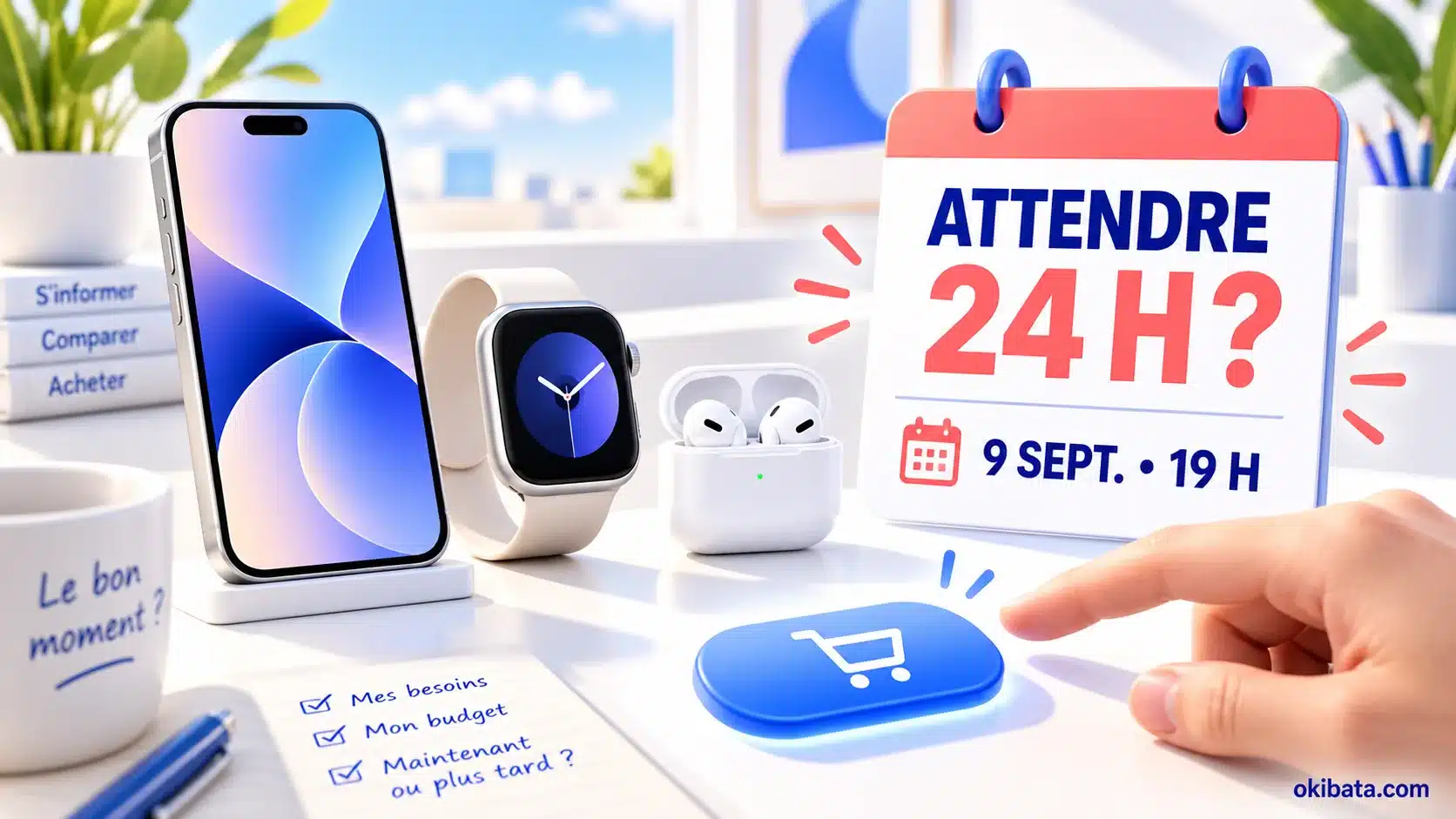 Un smartphone, une montre et des écouteurs attendent devant un calendrier indiquant 9 septembre 19 h avant que la main presse acheter