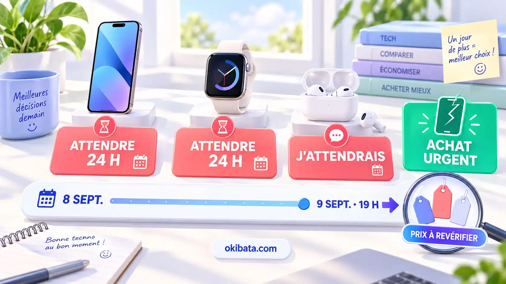 Tableau de décision entre achat urgent, attente de 24 heures et vérification des prix après le keynote Apple du 9 septembre à 19 h