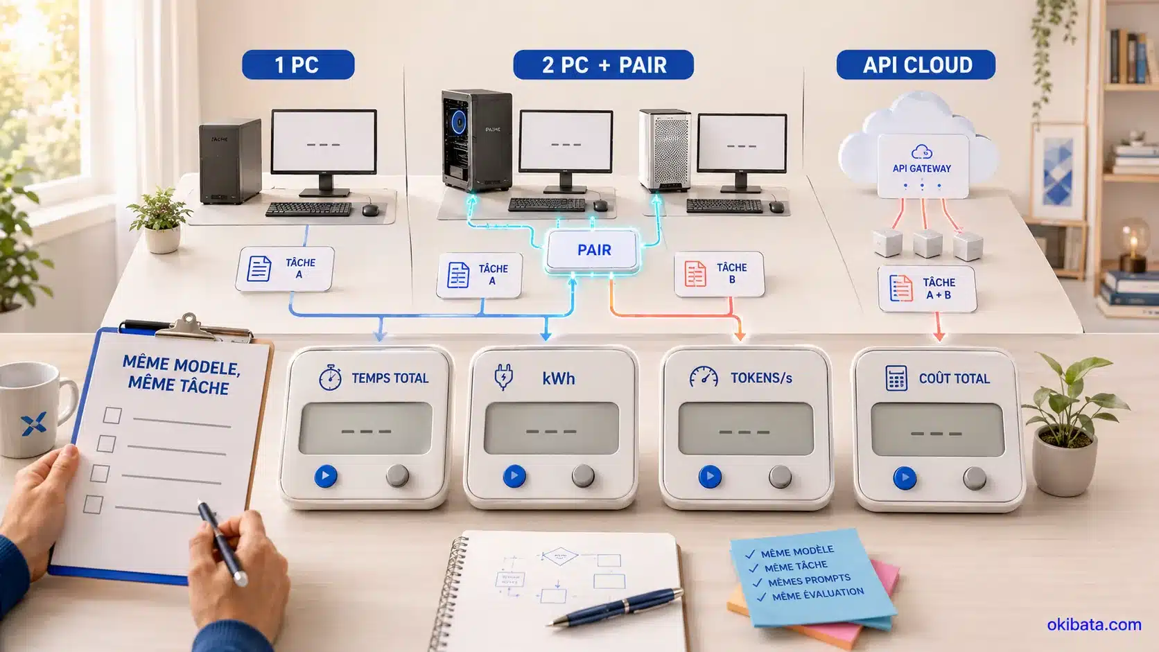Protocole comparant un PC, deux PC avec NVIDIA PAIR et une API cloud selon la durée, les tokens par seconde, l’électricité et le coût total